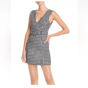 Aqua Houndstooth Tweed Mini Dress Size S Belted V Neck Black White Preppy Chic